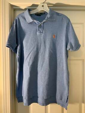 Polo Ralph Lauren Custom Fit Blue Cotton Polo Shirt with Orange Pony Logo Size L